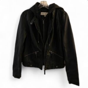 Sebby Collection black pleather, faux leather moto jacket with hood, size small